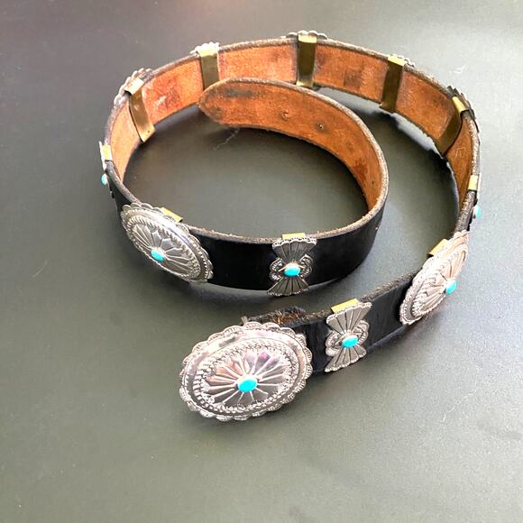 LF DESIGNS 1970s Sterling Silver and Turquoise Concho Black Leather Belt Buckle - Picture 1 of 5